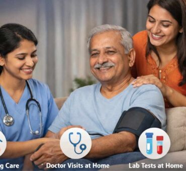 Home nurse checking blood pressure of elderly Indian patient at home with family support