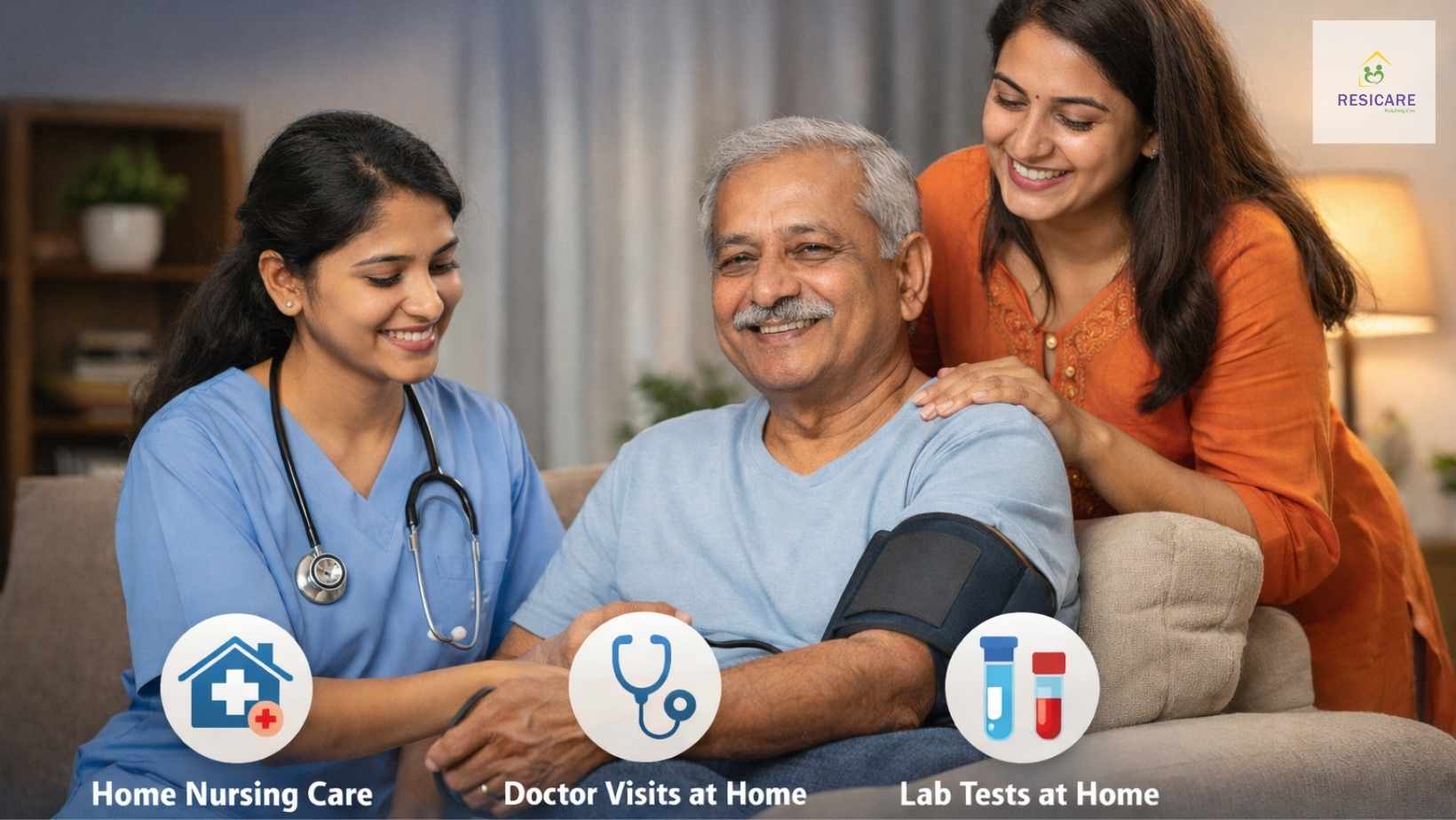 Home nurse checking blood pressure of elderly Indian patient at home with family support