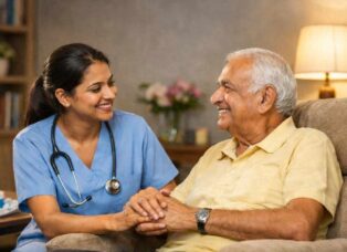 Professional caregiver providing home care services Bangalore to an elderly patient.