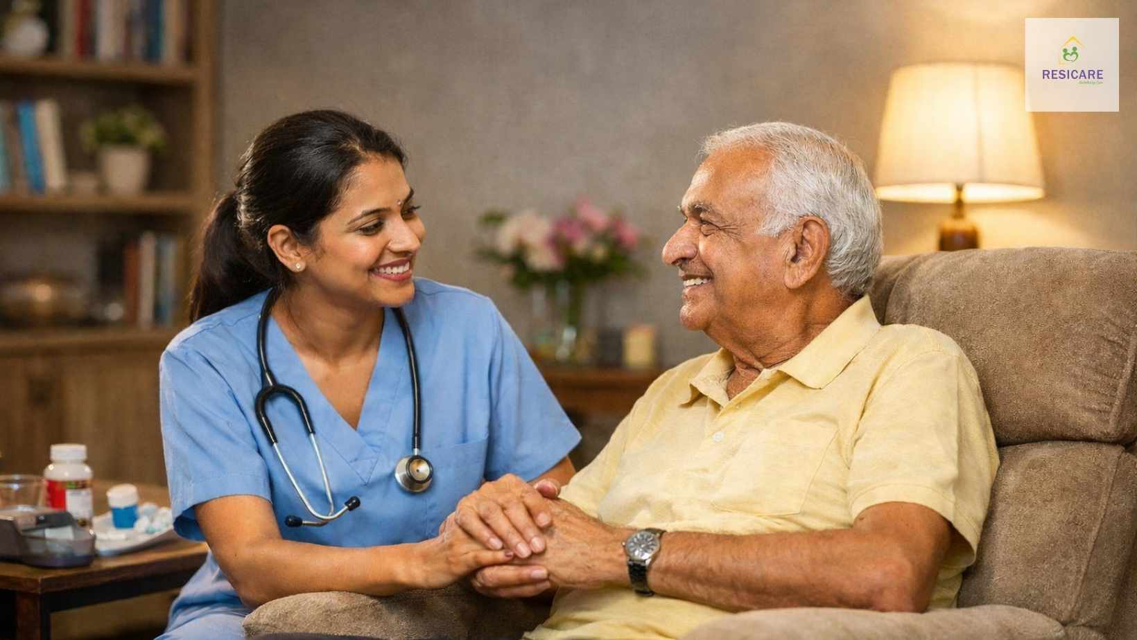 Professional caregiver providing home care services Bangalore to an elderly patient.