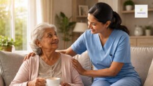 Caregiver assisting elderly dementia patient at home in a comfortable living room.