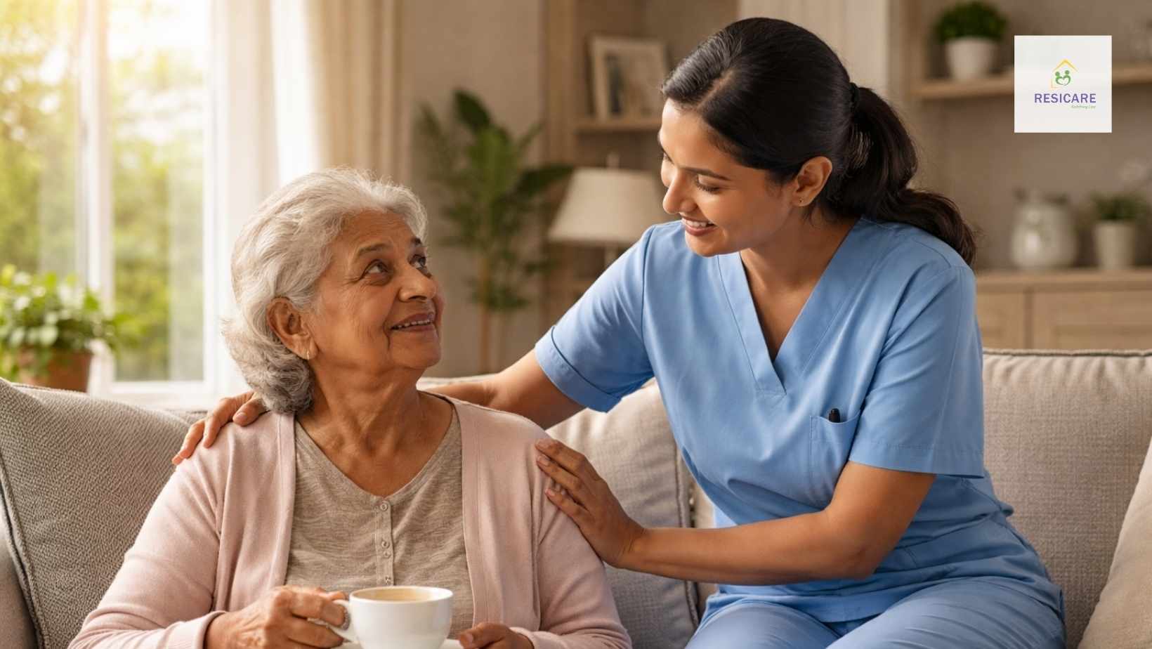 Caregiver assisting elderly dementia patient at home in a comfortable living room.